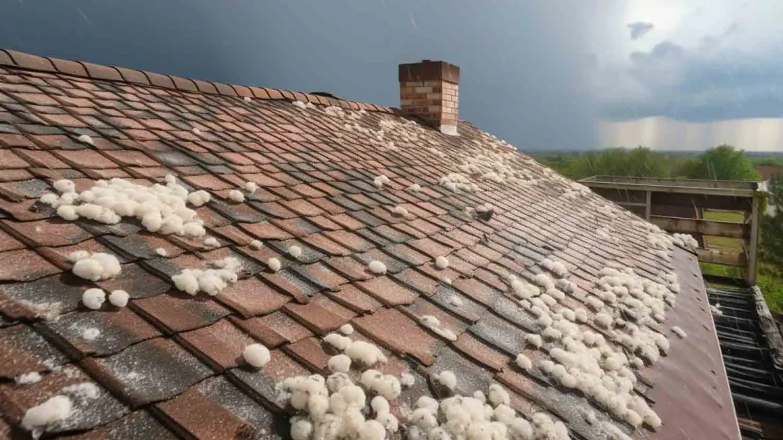 Hailstones held in a hand next to a shingle roof